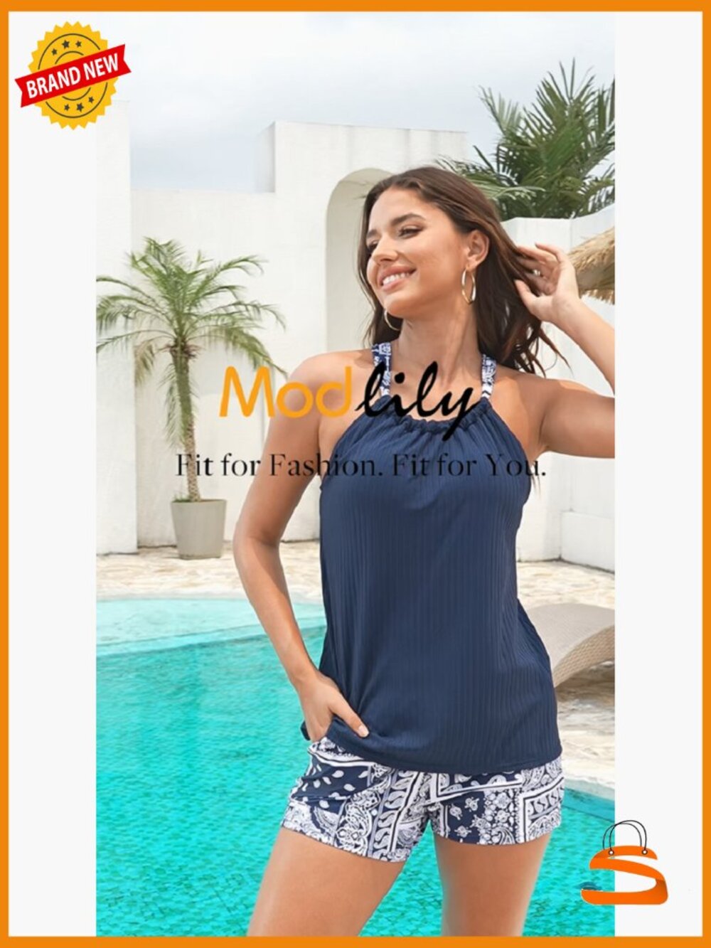 Ruched Tankini Set with Board Shorts, Two Piece Swimwear, Tank Top & Shorts - Picture 7 of 7